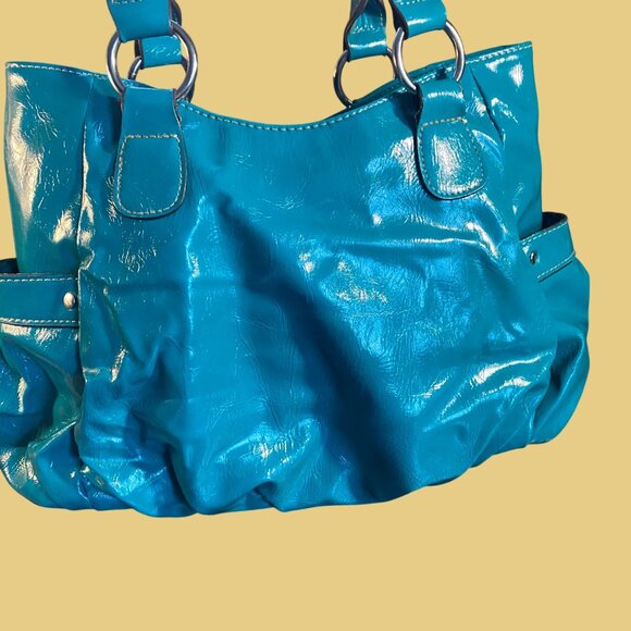Turquoise Patent Vegan Leather Shoulder Bag With Embossed Medallion Design - Picture 7 of 11